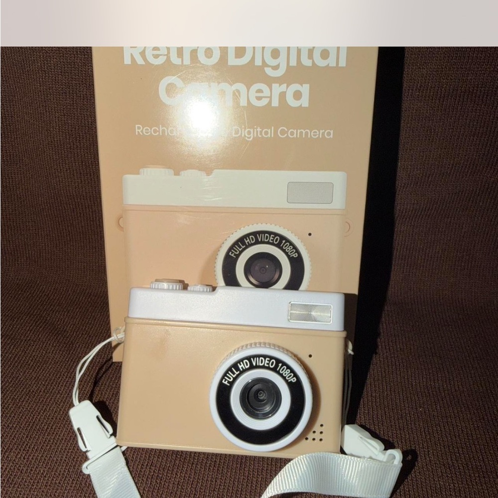 Retro-Style Digital Camera in Beige and White - Compact Point & Shoot,